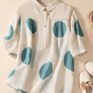 Cotton linen lapels polka dots retro loose shirt