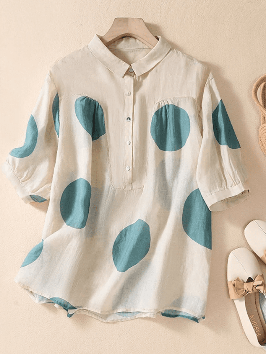 Cotton linen lapels polka dots retro loose shirt