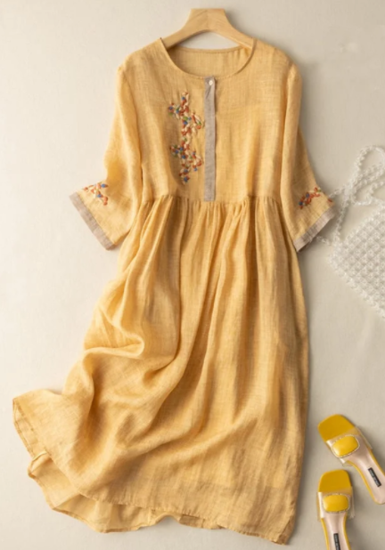Cotton and linen ethnic style embroidered dress