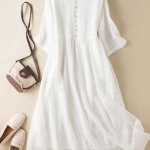 Women's Literary Retro V-neck Solid Color Mid-sleeved Dress