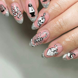 24pcs Medium-long Fun And Quirky Skull, Snake, Scorpion Patterned Glitter Almond False Nails + 1pc Jelly Glue + 1pc Nail Buffer