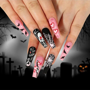 24pcs/set Halloween Themed False Nails With Heart, Spiderweb, Bat, Ghost Patterns