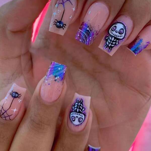 24pcs Short Square False Nails With Purple Skull & Spider Design + 1pc Jelly Glue And 1pc Nail File