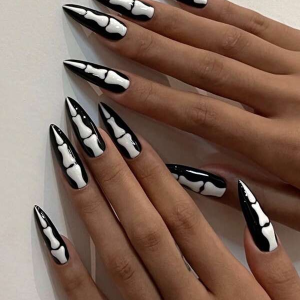 Halloween 24pcs Long Almond Skull Print Fake Nail & 1pc Nail File & 1sheet Tape