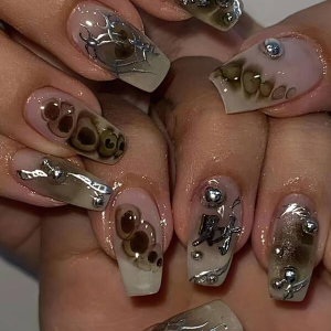 Halloween Themed 24pcs Long Coffin Steel Ball Black Smudge Pattern Fake Nail & 1pc Nail File & 1sheet Tape