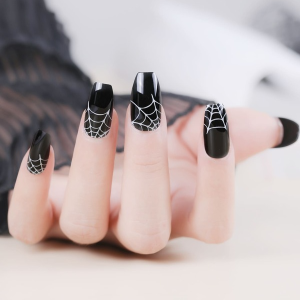 Halloween Themed 28pcs short coffin nails with black and white cobweb design UV /glossy finish , reusable full cover nails in 10 Sizes - Nail Kit with
