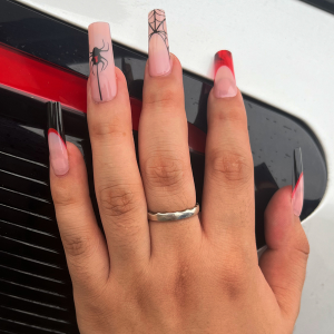 Halloween Themed Long Square Spider Web Print Full Cover Fake Nail Kit