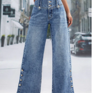 Fashion Plain High Waist Button Wide Leg Long Pants