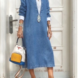 Casual Lapel Collar Fake Two Pieces Long Sleeve Denim Dress