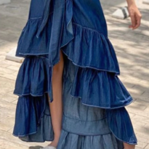 UR Fashion Plain Knot Waist Flounce Layered Hem Denim Skirt