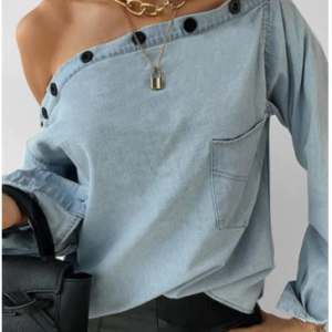 UR Casual Light Blue Button Neck Off Shoulder Long Sleeve Denim Shirt
