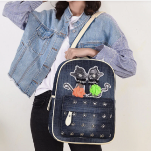 Women Canvas Cute Cat Print Patchwork Casual Backpack School Bag