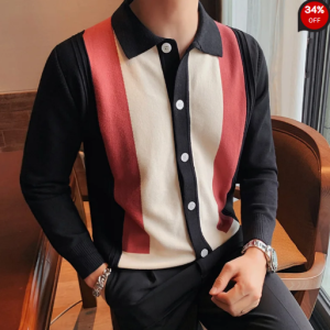 New Style Contrast Striped Long-sleeved Knitted Cardigan Sweater