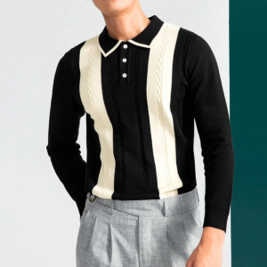 Simple Lapel Contrast Color Knit Polo Shirt