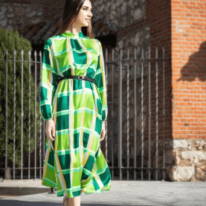 Long-sleeved dress with color printing European and American women's MIDI skirt Bohemian vacation with umbrella skirt