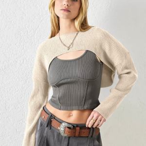 Autumn and winter new knitwear cross-border women's T-shirt solid color short top long sleeve vest