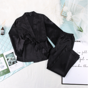 Spring and Summer Europe and the United States satin sateen cardigan belted robe pajama pants solid color home suit loose women's pajamas