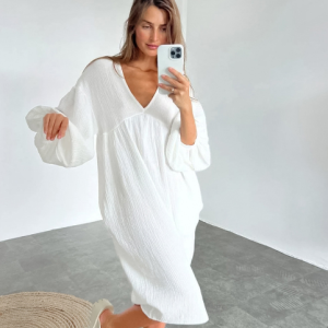 Autumn Europe and the United States long-sleeved nightgown long dress pajamas female V-neck monthly clothing double-layer crepe loose home cross-borde