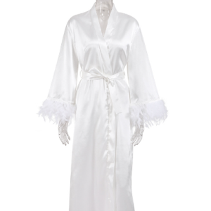 Summer pajamas female cardigan feather satin robe loose cross-border long section of Europe and the United States bathrobe ladies home wear