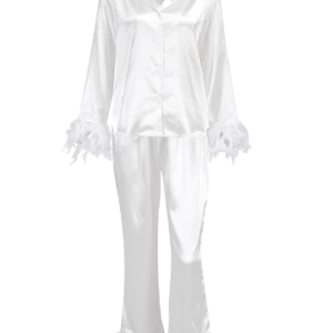 Summer Europe and the United States ice silk pajamas fashion ostrich hair shirt long pants loose two-piece feather home wear female