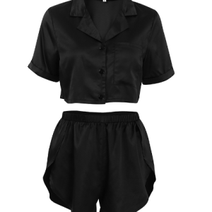 Spring and summer in Europe and the United States new short-sleeved shorts ice silk pajamas female loose open fashion black cross-border home wear sui