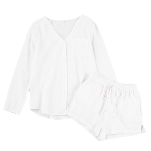 2023 summer pajamas double gauze long-sleeved shorts cotton air-conditioning clothing fashion white women's homewear suit