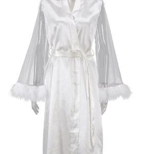 2023 summer new Europe and the United States cross-border pajamas fashion feather splicing mesh purple robe ladies home wear