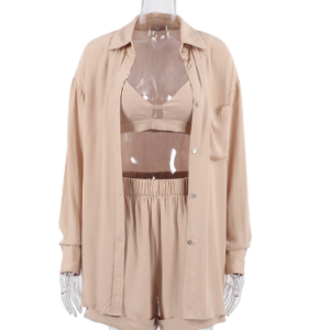 2023 Summer Europe and the United States underwear three-piece sexy hollow cotton silk robe slit comfortable shorts ladies homewear