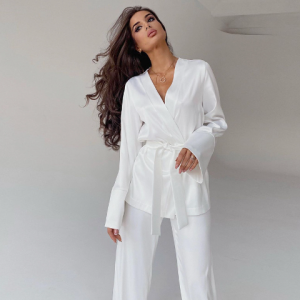 2023 fall Europe and the United States and the United States robe ice silk comfortable long-sleeved pajamas loose pajama pants two-piece set of fashio