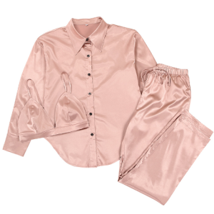 2023 summer new collar shirt satin sateen camisole underwear pants three-piece European and American pajamas homewear