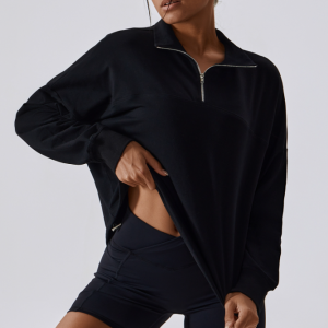 Europe and the United States casual loose long-sleeved sweater female half-zipper high neck windproof warm outdoor running fitness sports sweater