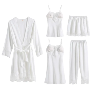 Pajamas female spring and fall ice silk long-sleeved halter nightgown five-piece set with chest pad sexy lace lace homewear winter