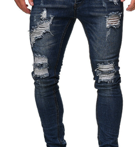 New style cross-border trade distressed black slim-fit men's jeans, trendy ripped, small-foot denim trousers for men.