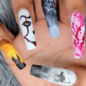 [Halloween Sale]1Sheet Halloween Abstract Figure Pattern Press on Nails Long Full Cover Fake Coffin Nails