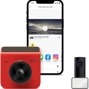 70mai Dash Cam A400, Red, Front and Rear 2K QHD, 2" LCD, Built in WiFi, Parking Monitor, 145° Wide-Angle FOV, WDR Night Vision, iOS/Android Mobil