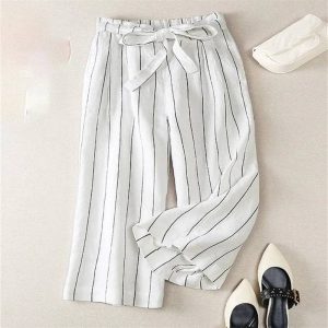 Striped thin 100% linen relaxed casual pants