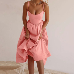 2023 new Europe and the United States women's pure color V-neck pleated waisted swing sexy halter dresses