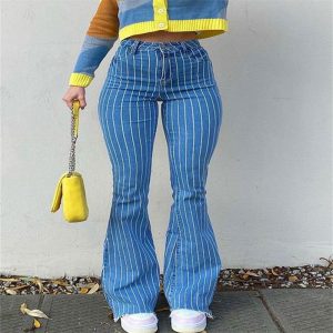 Pinstriped Mid Waist Flare Jeans