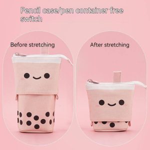 Korean creative cute milk tea drop-down pen bag can stand retractable round cute cartoon pen holder storage