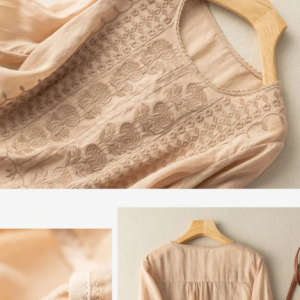 Embroidered Round Neck Half Sleeve Casual Linen Tee Top