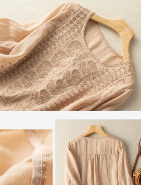 Embroidered Round Neck Half Sleeve Casual Linen Tee Top