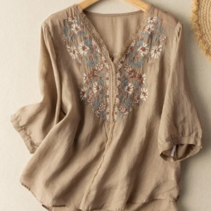Embroidered V Neck 3/4 Sleeve Casual Linen Top