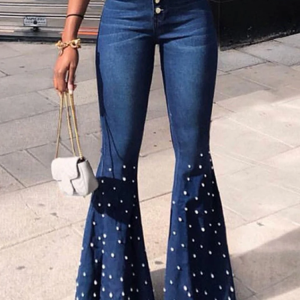 Fashion Plain Pearl Decor High Waist Flare Leg Denim Pants