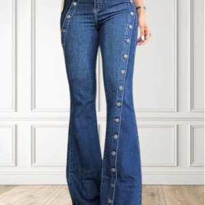 Fashion Plain Button Decor Flare Leg Long Denim Pants