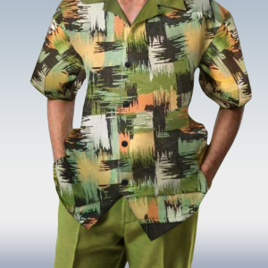 Green Checked Two-Piece Short Sleeve Suit for Walking - 009