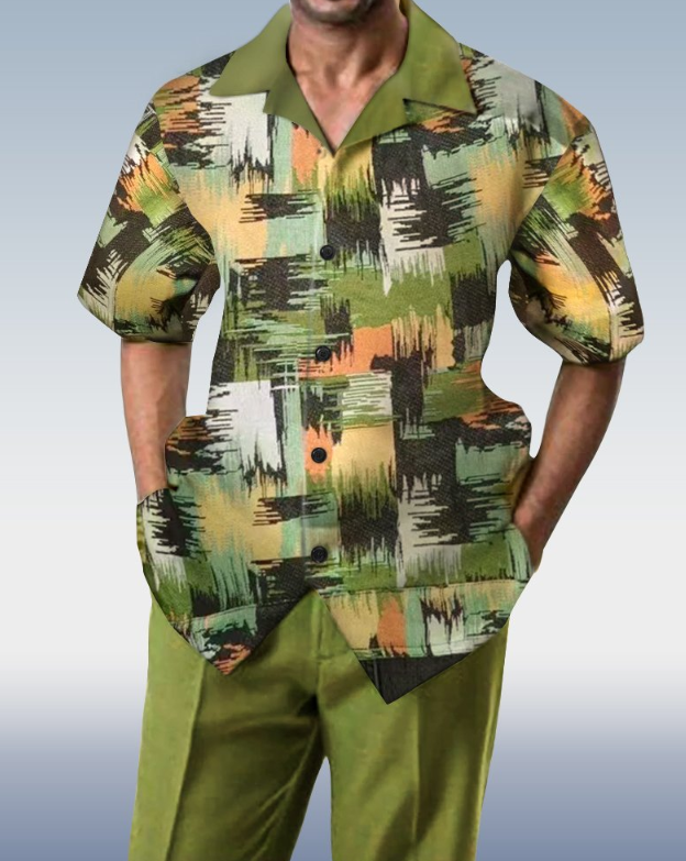 Green Checked Two-Piece Short Sleeve Suit for Walking - 009