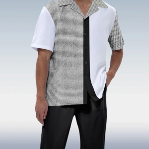 Black Vertical Colorblock Short Sleeve Walking Suit for Men