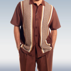 Brown Walking Suit Set with Criss Cross Pattern, Short Sleeve