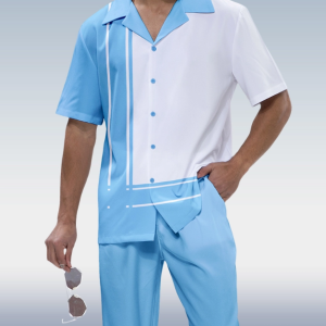 Blue Patterned Short Sleeve Walking Suit