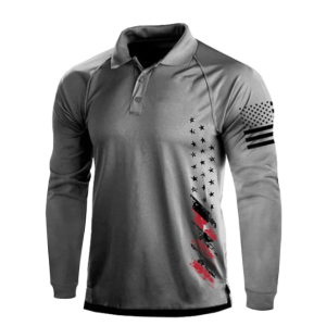 American Flag Grey Long Sleeve Polo Shirt